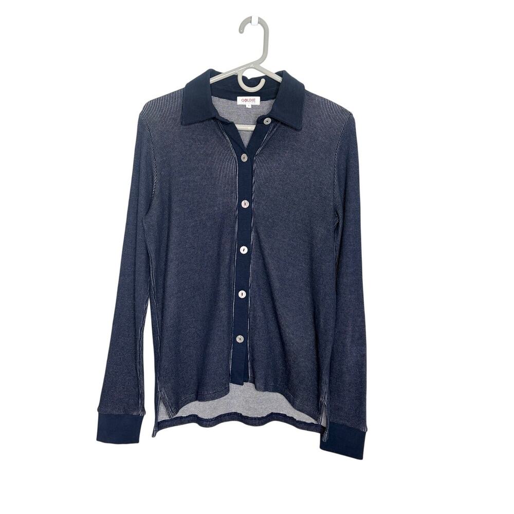 Goldie Lewinter Long Sleeve Button Front Waffle Shirt Sz S Navy Neutral EUC